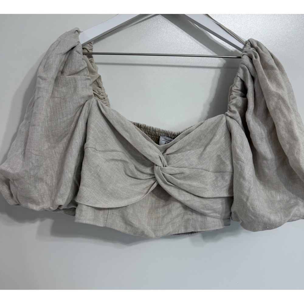 Los Angeles Atelier & Other Stories Top Cropped Puff Sleeve Linen Smocked Beige